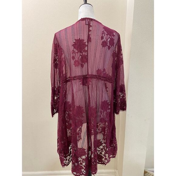 Miss Chievous Floral Lace Crochet Kimono Burgundy Brick Nylon Fall Boho Size M - Picture 5 of 9